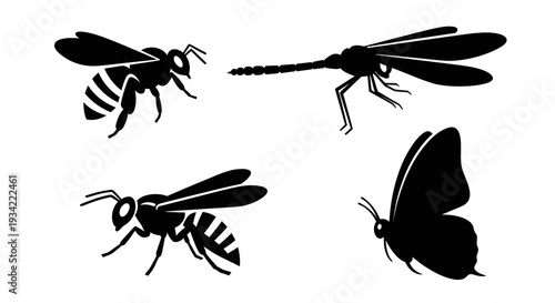 Insect Silhouettes Collection: Bee, Wasp, Dragonfly, and Butterfly Vector Set