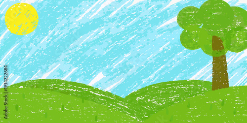 A childlike drawing depicts a sunny day with a tree and hills