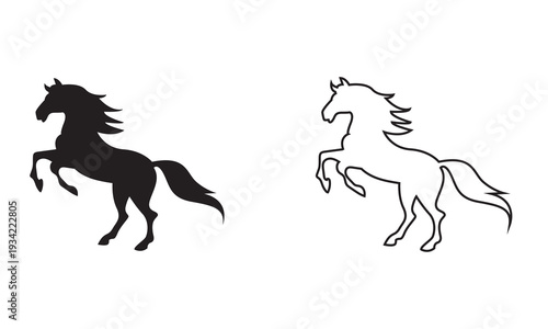 Horse Silhouette and Outline Vector . Black silhouette and linear outline horses in side view, ideal for logos, branding, tattoos, and equestrian themed designs in simple minimalistic style.