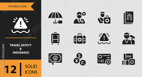 Travel Insurance and Journey Safety Solid Icons