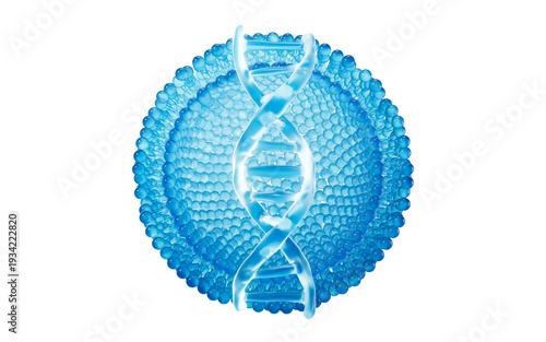 DNA and transparent biological blue cell, 3d rendering.
