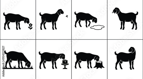 Set of 8 Black Goat Silhouettes Vector Icons