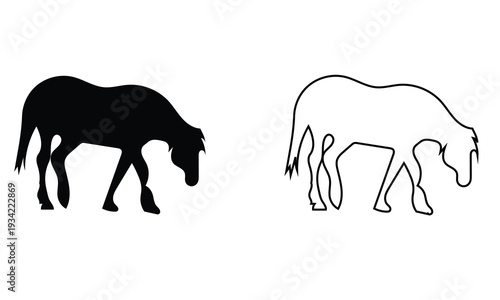 Horse Silhouette and Outline Vector . Black silhouette and linear outline horses in side view, ideal for logos, branding, tattoos, and equestrian themed designs in simple minimalistic style.