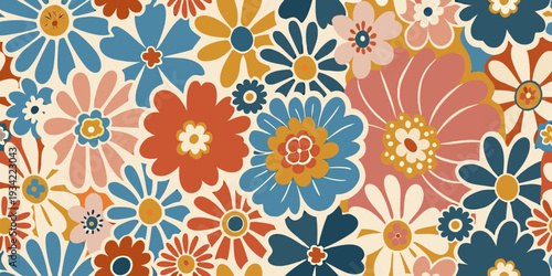 Retro floral pattern with stylized blooms in warm and cool tones