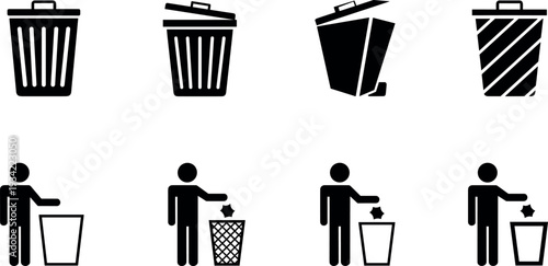 Trash bin and person throwing garbage vector icon set isolated waste disposal symbols