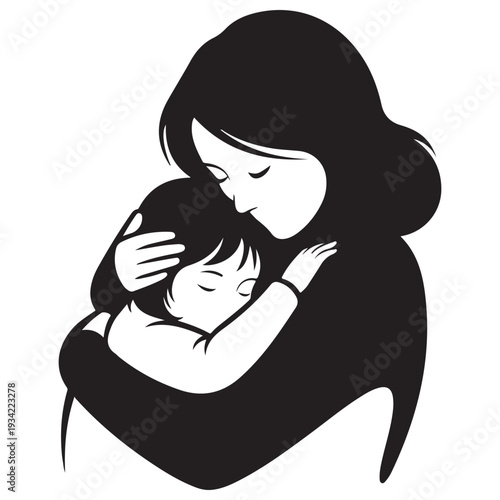 Minimalist black and white vector illustration of a mother tenderly embracing her sleeping child, capturing a moment of maternal love, protection, and peace in a clean silhouette style.