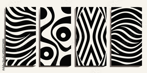 Abstract black and white optical illusion panels arranged in a row