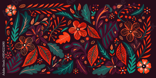 A vibrant floral pattern featuring stylized leaves and blooms