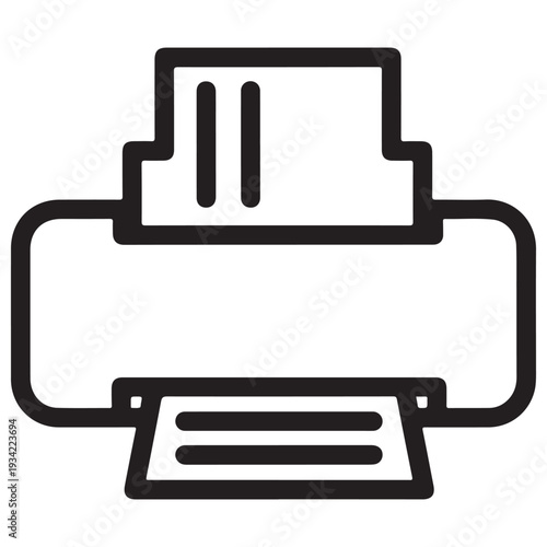 Minimalist printer icon representing document output and hardware functionality for office technology, business workflow, and digital interface design, clean black line art style.