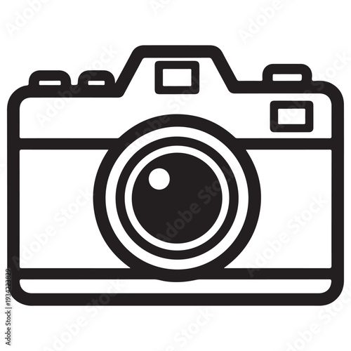 Minimalist DSLR camera icon representing photography and digital imaging, isolated on a white background for graphic design and UI projects, clean black line art style with a modern aesthetic.