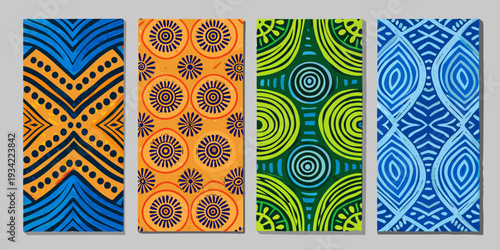 Four vibrant panels displaying diverse aboriginal style patterned artwork