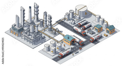 Industrial Oil Refinery Complex with Storage Tanks and Pipelines.