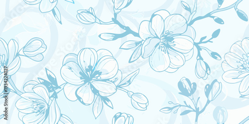 Delicate blue line drawing of blossoming cherry branches and flowers