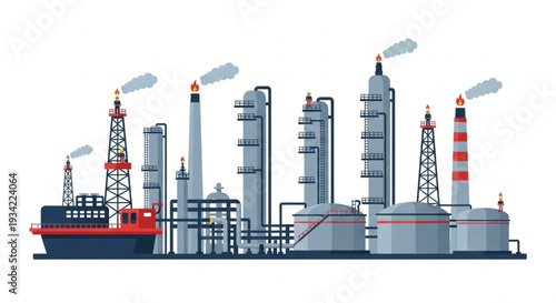 Industrial Oil Refinery Complex with Smokestacks and Storage Tanks.