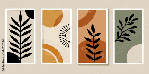 Abstract botanical wall art featuring geometric shapes and organic forms