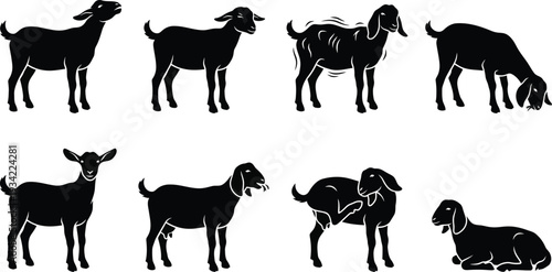 Set of 8 Black Goat Silhouettes Vector