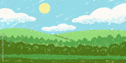 A bright and cheerful landscape with green hills and a blue sky