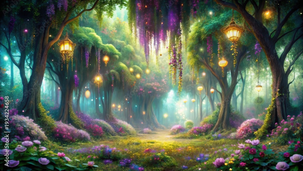 Obraz premium Enchanted Forest Path A Mystical Journey Through a Dreamlike Grove Illuminated by Hanging Lanterns and Blossoming Flora