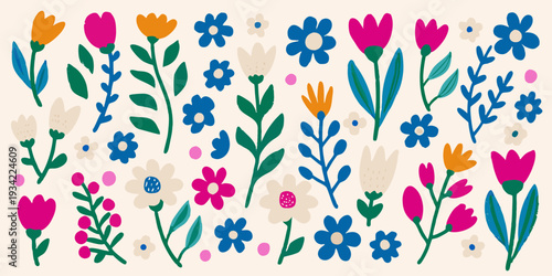Colorful floral illustration featuring various stylized blooms and green stems