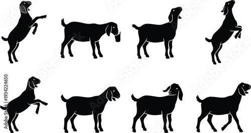 Set of 8 Black Goat Silhouettes Vector