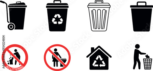 Trash bin and recycling vector icon set with no littering signs and waste management symbols