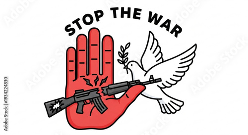 Stop the War: Red Hand Breaking Rifle with Peace Dove Illustration