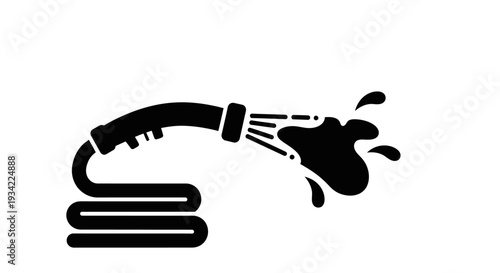Black and white vector graphic of a garden hose spraying water.