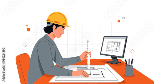 Architectural designer working on blueprint at desk with computer and ruler
