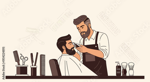 Barber trimming beard and hair of client in modern barbershop