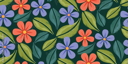Colorful floral pattern with stylized blooms and lush green foliage