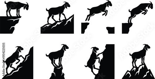 Set of 8 mountain goat silhouette vector illustrations