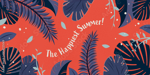 Summertime banner with leaves frame, natural floral design with different tropical leaves and elegant lines and text featuring the season. Vector background.