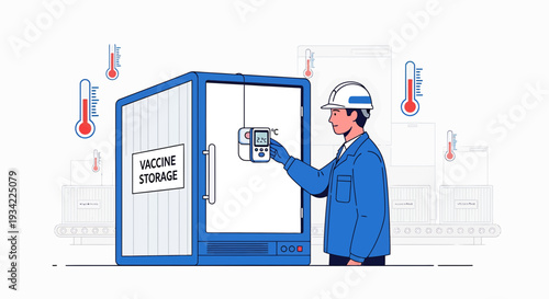 Healthcare worker checking temperature of vaccine cold storage unit