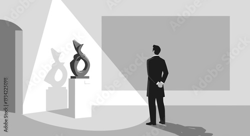 Man in Suit Admiring Modern Sculpture in Art Gallery Spotlight