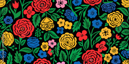 A vibrant dense pattern of colorful folk flowers on a black background