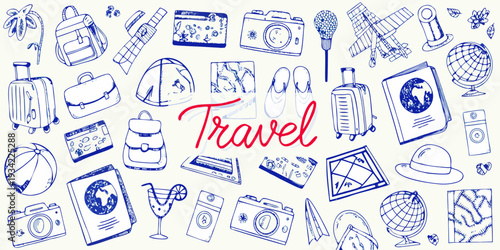 Hand drawn illustration of travel items and a central travel script