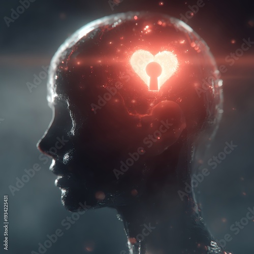 Wallpaper Mural Dark silhouette of a human head with glowing heart-shaped padlock inside Torontodigital.ca
