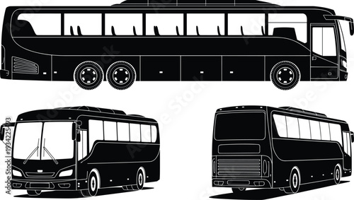 Modern long distance coach bus silhouette vector set with side front and rear views