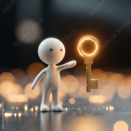 Wallpaper Mural Intelligent stickman character standing confidently while holding a radiant golden key Torontodigital.ca