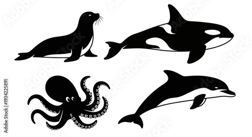 Marine Animals Silhouettes Collection: Orca, Dolphin, Seal, and Octopus Set