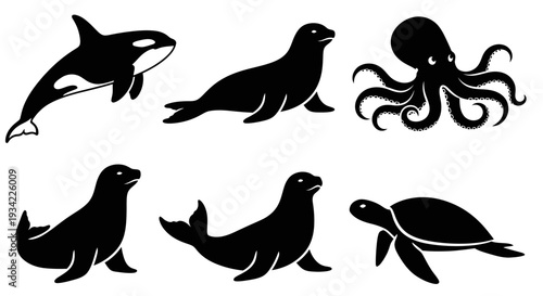 Marine Animals Silhouettes Set: Orca, Octopus, and Seals on White Background