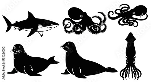 Marine Animals Silhouettes Set: Shark, Octopus, Seal, and Squid Vector Collection