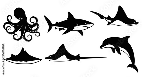 Marine Life Silhouettes: Octopus, Shark, Dolphin, and Manta Rays Collection
