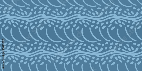 Stylized blue waves and circular patterns create a seamless background