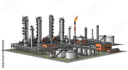 Industrial Oil Refinery 3D Rendering.