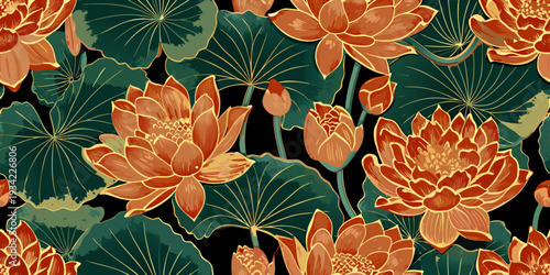 Elegant seamless pattern of orange lotus flowers and green leaves