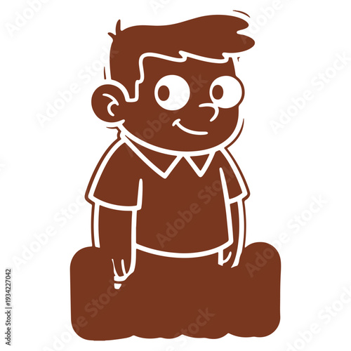 A cute cartoon boy with a smile sits and looks ahead with a mischievous expression and short brown hair