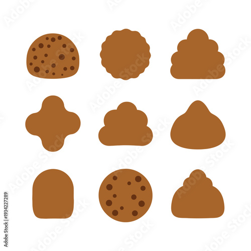 Collection of various brown cookies and biscuits in different shapes.