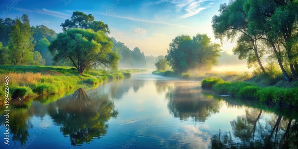 Obraz premium Serene Riverbank at Dawn Misty Reflections on Calm Waters, Lush Greenery, and Golden Sunlight Illuminating the Tranquil Scene