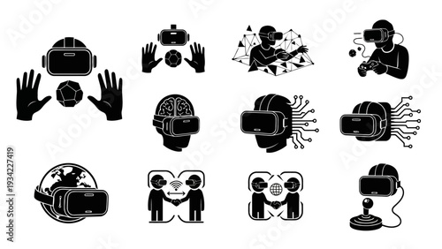 VR AR and Metaverse Technology Flat Black Vector Icons EPS10 Stock.eps